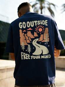 Camiseta de manga corta con estampado, estilo casual de vacaciones para hombres, cómoda y transpirable, para el verano - Azul Marino - Ver 2