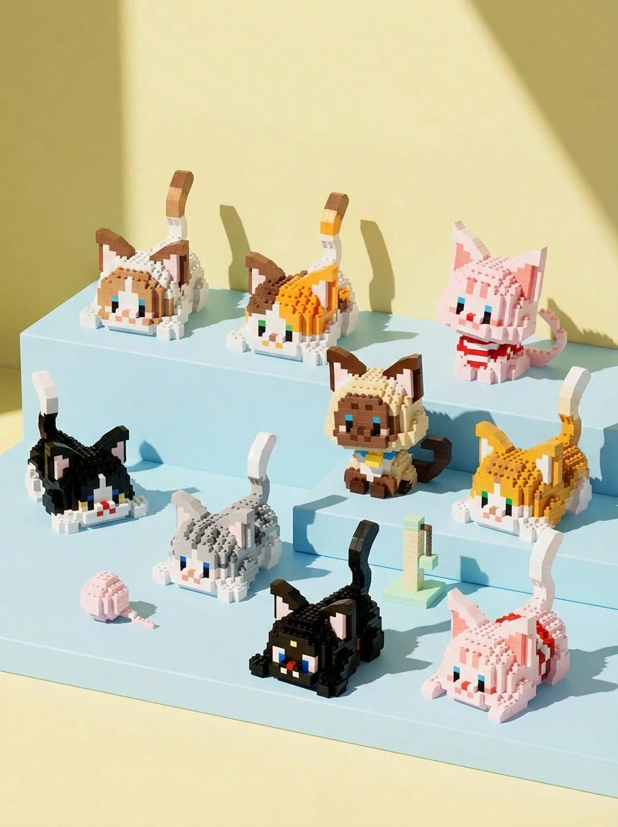 POKOJA LAND 1 件可爱猫咪系列卡通公仔毛绒玩偶（虎斑猫/三色猫/牛猫/黑猫/布娃娃猫/暹罗猫）动物模型 DIY 拼装积木家居装饰生日/万圣节/圣诞节礼物猫、积木、万圣节、Littlest Pet Shop、数字积木、玩偶