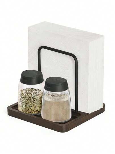 1pc Farmhouse Style Wooden Tabletop Paper Towel Holder, Rustic Vintage Paper Towel Dispenser Suitable For Kitchen, Dining Room, Cafe, Brown (Salt And Pepper Shakers Not Included)