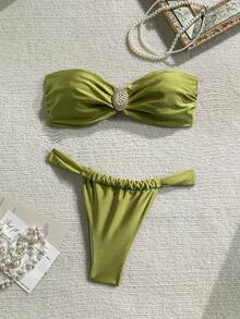 Conjunto de bikini sin tirantes de unicolor, adecuado para vacaciones en la playa - Verde Oliva - Ver 5