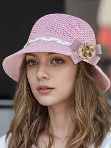 1顶女士时尚甜美花卉装饰遮阳帽，优雅针织宽檐草帽，蝴蝶结装饰，适合春夏户外、海滩、旅行，可折叠，透气，百搭 - A - 查看 12