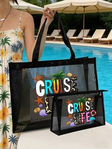 2pcs/Set Large Capacity Mesh Bag Set,Print "Cruise Life" In Color Font , Paired With Cute Beach Scenes, Mesh Beach Bag Tote Bag ,Mesh Cosmetic Storage Bag,Foldable Swim Large Capacity Beach Bag Waterproof Sandproof,Letter Decor Mesh Beach Tote Women Shoulder Handbag,Personalized Gift Bag, Suitable For Commuting, Shopping, Vacation, And Daily Leisure Use, The Perfect Gift To Give To Friends - Multicolor - View 3