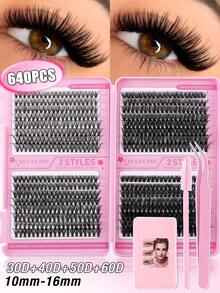 640片/套单根假睫毛套装，高容量，10D+20D+30D+40D+50D+60D+80D+100D卷度，长度10-16毫米，可DIY打造自然妆效，浓密纤长，超柔软轻盈，可重复使用，单根假睫毛，适合旅行、日常佩戴（新手友好）、婚礼、约会、派对、节日等场合，也是圣诞节/万圣节/送礼佳品。 - 黑色 - 查看 2