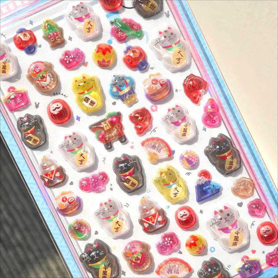 Kawaii Japanese Daruma Lucky Cat Drop 3D Relief Sticker For Scrapbooking DIY Phoe Case Decor Sticker School Stationery Supplies - 黑色 - 查看 1