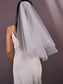 1pc Short Double-Layer Bridal Veil, Simple Chiffon Suitable For Wedding Registration, Daily Photo Shoot, Wedding Headpiece - Cool White - View 11