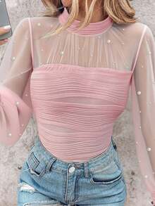 ChicMe 女士珍珠装饰高领灯笼袖透视网纱拼接修身纹理上衣，时尚优雅，适合日常穿着 - 淺粉色 - 查看 5