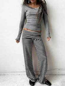 Women's Y2K Striped Wide-Leg Pants - Fold-Over Waist Casual Lounge Trousers - Retro Sweet Streetwear Pants - Xám - Xem 6