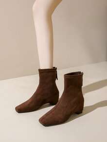 2026 New Square Toe Zipper Closure Chunky Heel Ankle Boots, Slim Fit Elevated Women Booties - Brown - View 5