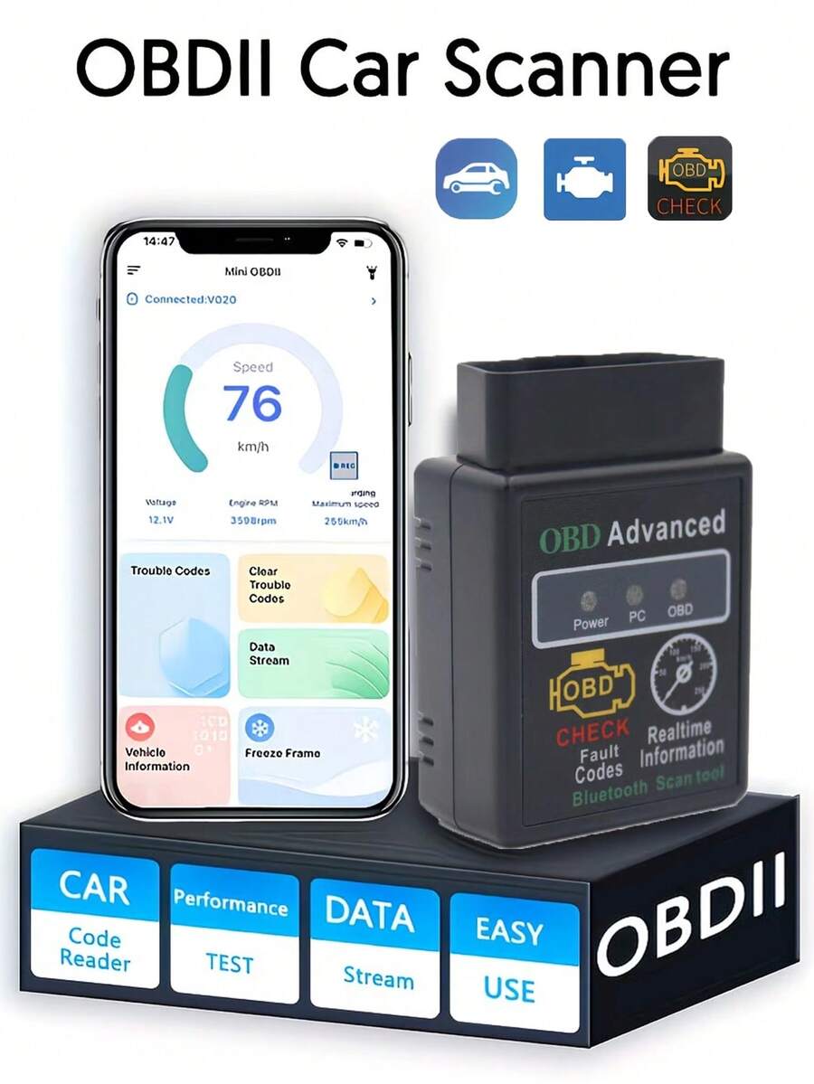 OBD2 藍牙汽車診斷掃描儀，兼容 1996 年後所有 OBDII 協議車輛，具備 I/M 準備檢查、電池測試、性能測試、故障碼讀取與清除、即時數據分析、引擎狀態分析等多項功能，兼容 iOS/Android 系統，適用多種應用場景，情人節禮物首選