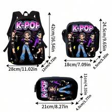 3件組 K-POP 歌手風格背包套裝，含鮮豔舞台印花，適合青少年日常使用，包含輕量休閒背包、時尚通勤包及大容量旅行包，附收納口袋，適用於學校用品 - 多色 - 查看 9