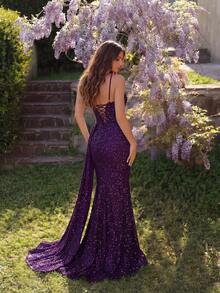 ADYCE Sequin Beaded Spaghetti Strap V-Neck Hollow Out High Waist Long Satin Slit Open Back Prom Formal Evening Gown For Graduation Ball, Birthday Party, Date, Homecoming, Wedding Guest Spring - 紫色 - 查看 2