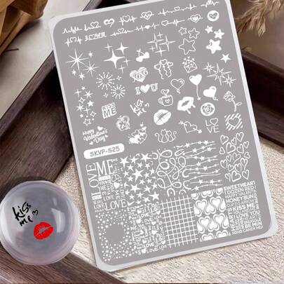 SKVP 1pc Pattern Nail Art Print Template, Electrocardiogram With Star And Heart Pattern, Stainless Steel Print Plate, Nail Stamp Template, Nail Tech Must Have & Perfect Nail Art Accessory For DIY & Salon