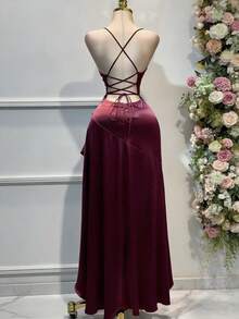 Women's Elegant Spaghetti Strap Asymmetric Ruffle Decor Backless Tie-Up Waist Split Hem Dress, Suitable For Banquet, Party, Wedding Bridesmaid Spring - Burgundy - View 2