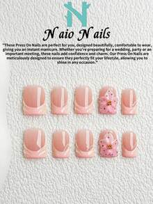 NAIO 10片/套 春夏手工按压式美甲贴片，棺材形/杏仁形/短方形甲片，Y2K 坏女孩风格，裸色、粉色和米白色，法式边，粉色渐变，花卉浮雕和金色珠子镶嵌装饰，奶油质地，适合女性和女孩，派对、日常佩戴，附带工具包，是送给女士美甲的绝佳礼物。 - 彩色 - 查看 12