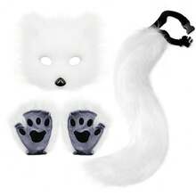 Halloween Costume Set: Faux Fox Mask, Gloves, Plush Fox Tail, Handmade Animal Tail Cosplay Accessories - Multicolor - View 9