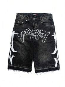 Pantalones cortos sueltos de estilo retro americano para hombres con diseño de personalidad y jeans rectos para la calle - Negro - Ver 2