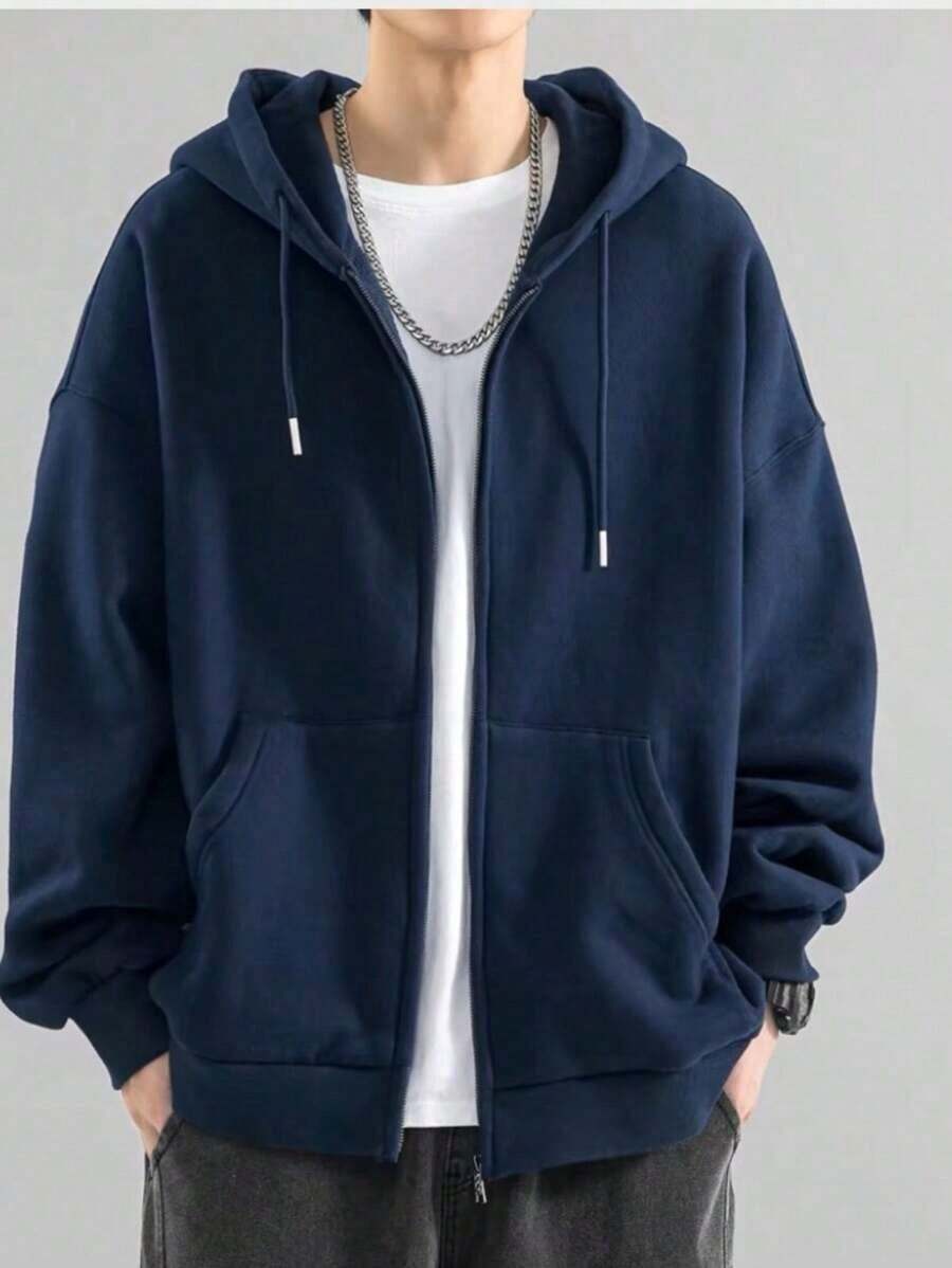 Open-Back Sweatshirt With Zipper And Hood For Cold Weather, Winter, Plain Jacket. - Navy Blue - View 1