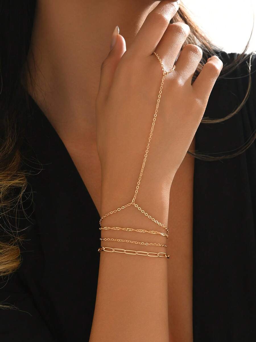 2pcs/Set Starry Moon Tassel Element Finger Chain Set, Fashionable Double-Layer Stackable Bracelet, Handmade Adjustable Length, Suitable For Holidays, Daily Wear, Dates, And Photo Shoots - Gold - View 1