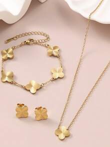 1pc/Set New Arrival Clover Flower Necklace, Bracelet, Earrings, Ring Titanium Steel Jewelry Set For Women - Multicolor - View 3