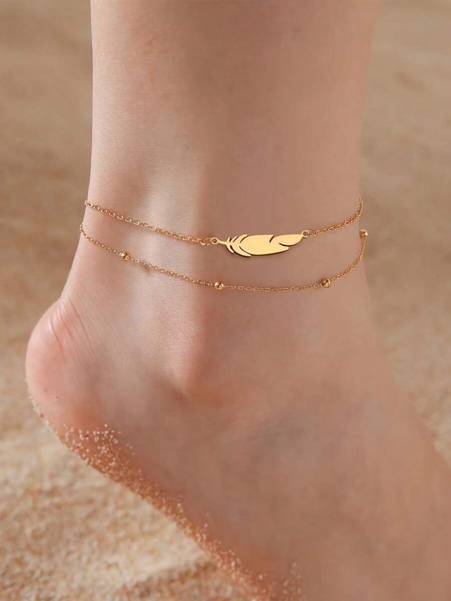 1pc Women's Fashion Anklet, Minimalist Feather Pendant Double-Layer Chain Anklet, Suitable For Daily Wear And Beach Vacation - Yellow Gold - View 1