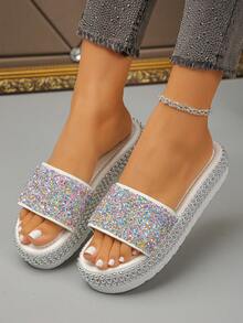 2026 New Rhinestone Embellished Thick Sole Wedge Slippers, Shiny Solid Color Unisex Crystal Sandals For Spring/Summer - White Colored Diamonds - View 4