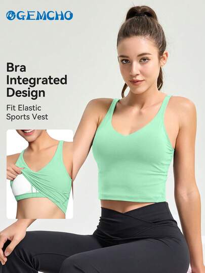 GEMCHO Sleeveless Sports Yoga Bra, Thick Medium Support, No Wire, Long Style, Spring/Summer