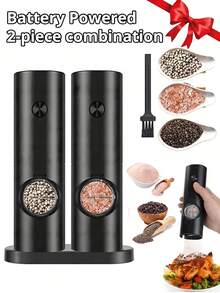 1个/2个装电动胡椒盐研磨器，可调节胡椒研磨器，电池供电，自动研磨，适用于烧烤、餐厅和厨房，可研磨白胡椒、黑胡椒、海盐和孜然。 - 黑色 - 查看 1
