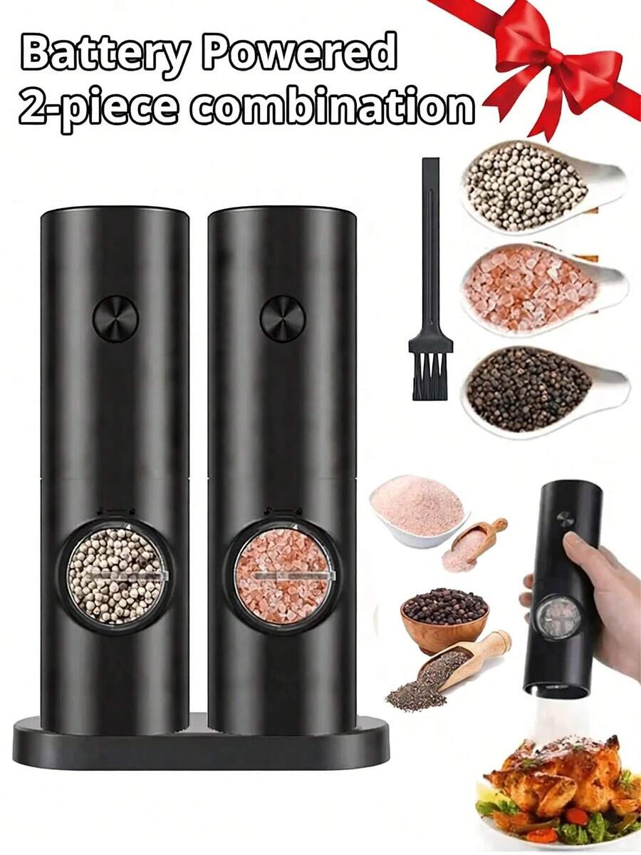 1个/2个装电动胡椒盐研磨器,可调节胡椒研磨器,电池供电,自动研磨,适用于烧烤、餐厅和厨房,可研磨白胡椒、黑胡椒、海盐和孜然。 - 黑色 - 查看 1