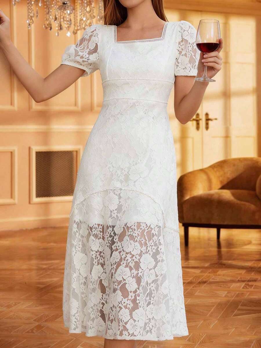 女士婚礼新娘礼物派对礼服，优雅刺绣蕾丝短袖派对礼服，订婚礼服，派对鸡尾酒会庆典礼服 - 白色 - 查看 1