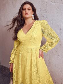 Simplee Plus Size Women's Summer New Lace Trim Patchwork Dress, V-Neck Design, Asymmetric Hem, Suitable For Party, Wedding, Birthday, Vacation Elegant - Yellow - View 1