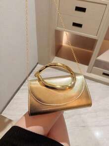 Dedoo 1个时尚金属装饰迷你手拿包，优雅闪亮金属条点缀女士手提包，适合晚礼服、派对、婚礼、舞会等场合，配有金属链 - 金色 - 查看 7