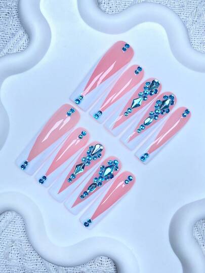 10pcs Y2K Extra Long French Press On Nails Full Coverage Fake Nail Handmade Press On Nails With 3D Shiny Rhinestone Decoration ,Perfect For Weddings, Parties, Valentine's Day, Birthdays, Christmas Gifts,Supremely Fit, Reusable Nail Art,1pc Jelly Gel/1pc Mini Rubbing Strips ,Detachable Press On Nails Set,Suitable For Ladies And Girls For Holiday Parties And Daily Wear,Nail Products