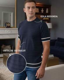 Basic Two-Tone Knit Shirt, Short Sleeve, Ribbed, Stylish Summer T-Shirt, Men's Blouse - Black and White - View 2