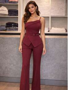 Elegant Tailored Suit, Double-Breasted Fabric, With Belt, For Evening, Wedding, Or Office. - Màu Đỏ Sâu - Xem 1
