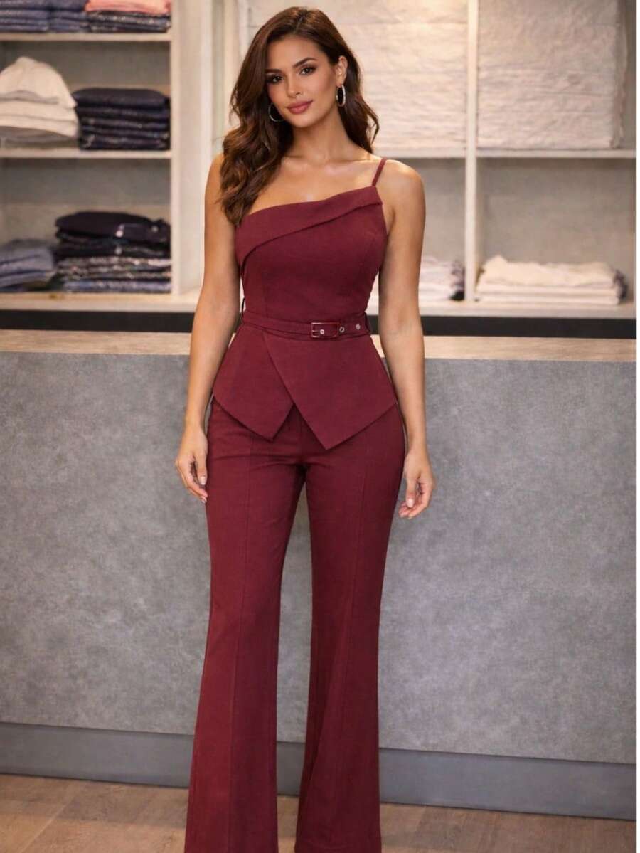Elegant Tailored Suit, Double-Breasted Fabric, With Belt, For Evening, Wedding, Or Office. - Màu Đỏ Sâu - Xem 1