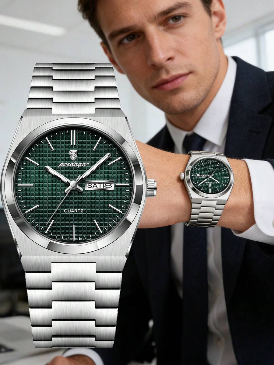 POEDAGAR 1pc Luxury Men's Stainless Steel Quartz Watch With Date And Day, Waterproof And Luminous