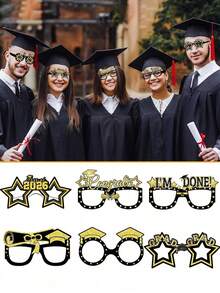 12pcs Graduation Party Paper Glasses Frame, Black & Gold Graduation Party Photo Booth Props, Class Of 2026 Party Decorations Supplies, "GRAD" Theme Party Favors, Accessories For Graduates - Multicolor - View 2