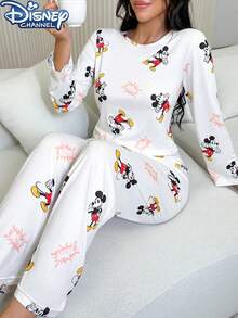 Disney 2 piezas Conjunto de pijama de mujer con diseño de dibujos animados lindos, 1 top de manga larga con cuello redondo con estampado total y 1 pantalón, cómodo y holgado, adecuado para primavera, verano y otoño - Blanco - Ver 7