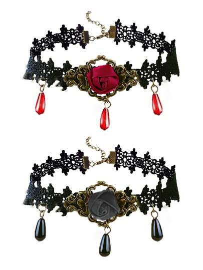 1pc Women's Retro Gothic Choker, Black Lace Rose Flower Tassel Short Necklace