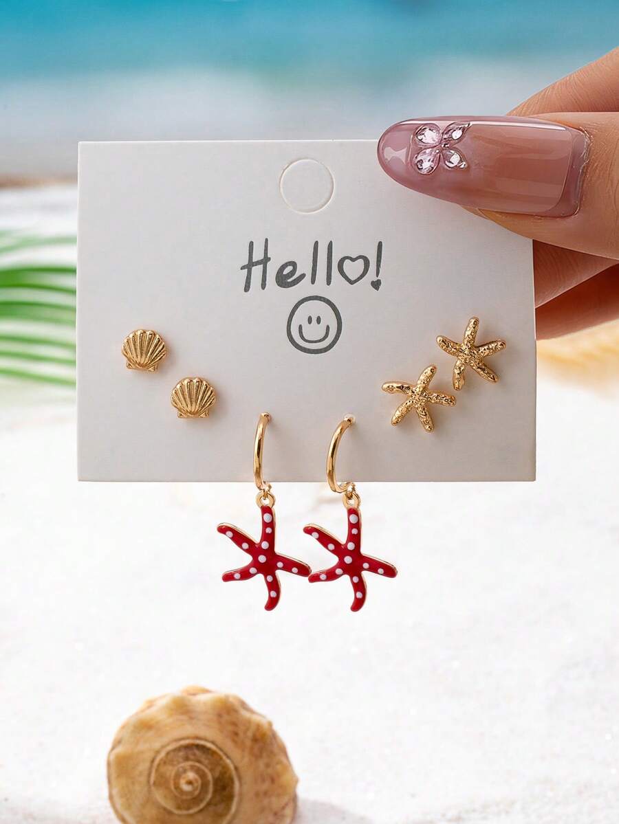3 Pairs Seashell & Starfish Studs, Red Polka Dot Starfish Dangle Hoop Earrings - Perfect Summer Beach Jewelry Gift For Her - Starfish Shell Earring Set - View 1