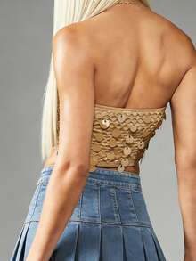 Top de tubo sin tirantes con lentejuelas y borlas para mujer, estilo boho, ideal para fiestas, clubes nocturnos y festivales. - Caqui - Ver 2