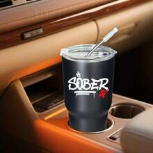 30oz Stainless Steel Tumbler Black White Options,  Sober 4 Life Crown Design Graphic Cups, Insulated Travel Coffee Mug With Lid And Straw , Double Wall Vacuum Reusable Travel Cups, Funny Birthday Party Gift For Women & Men - 黑色 - 查看 2