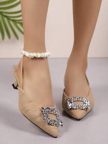 Women's High Heel Shoes, Rhinestone Embellished, Pointed Toe, Sexy, Versatile, Suitable For Commute, Beach, Party, Student - Khaki Powder - View 5