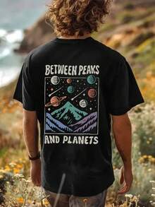 Men's Outdoor Adventure & Space Romanticism Graphic Black Round Neck Short Sleeve T-Shirt - Black - View 2