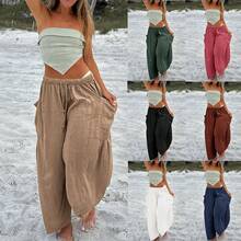 2026 Women's Elastic Waist Pleated High Waist Wide Leg Pants Loose Casual Cotton Linen Trousers Suitable For Going Out, Suitable For Mothers And Sisters To Give Gifts - Hồng - Xem 2