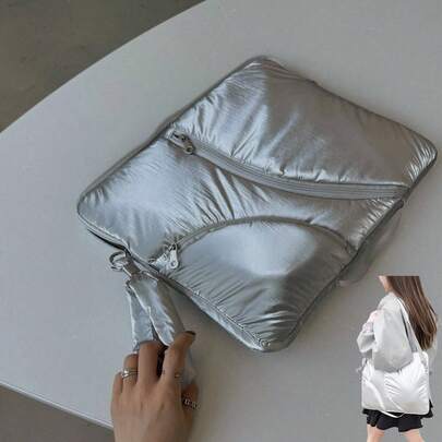 13-14 Inch Y2K Silver Laptop Bag (With Shoulder Strap), Fits 10/11 Inch Tablets, 13/14/15.6 Inch Laptops, Fluffy Texture Shoulder/Handheld/Crossbody Multipurpose Bag, Shiny Metallic Shock-Proof Inner Sleeve