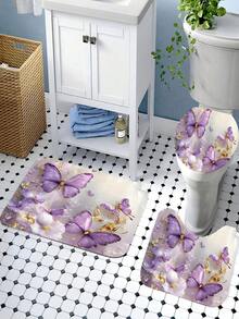 4件套金紫色蝴蝶图案浴帘，配12个塑料挂钩，浴室防滑垫，U型马桶盖套，现代家居浴室配件 - A - 查看 8