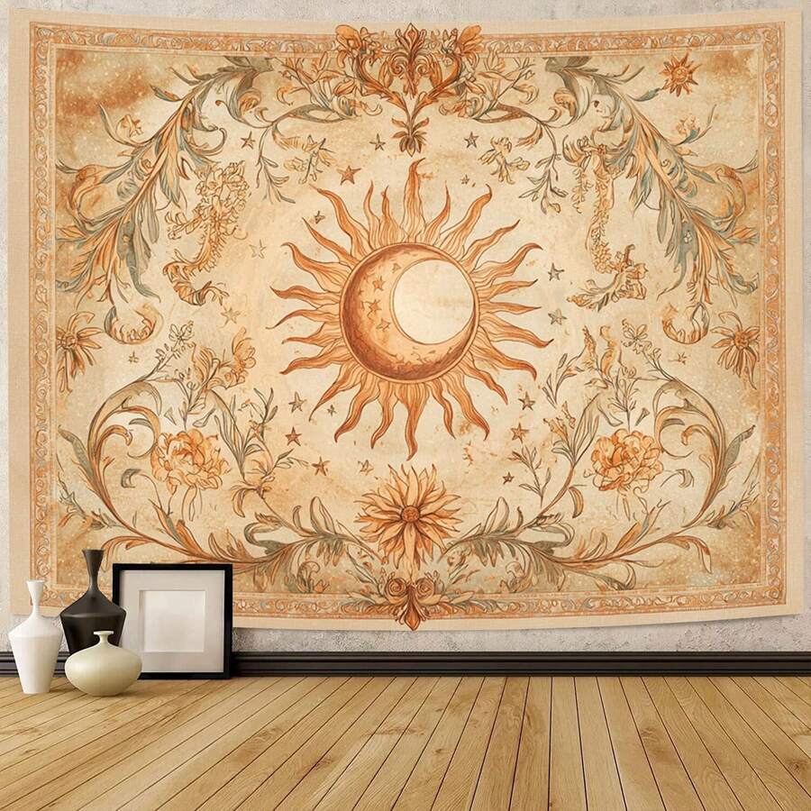 1pc Sun And Moon Tapestry Vintage Bohemian Wall Hanging Sun Moon Floral Vintage Mystical Scene Tapestry, Wall Hanging Tapestries, Fashion Aesthetic Horizontal Wall Tapestry Hanging, Modern Pattern Print Art Tapestries, Wall Decor For Bedroom, Living Room, Dorm, Party - Unique Birthday & Holiday Gift For Friends, Women, Yourself, Dorm Room Accessory(40x30in/60x40in/60x51in/80x60in/90x60in) - 4 - Xem 1