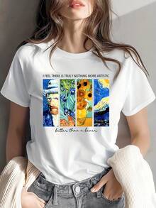 An Elegant Women'S T-Shirt Featuring A One-Piece Van Gogh Oil Painting Design, With English Letter Slogans And Impressionist Prints, Perfect For Spring And Summer Sports Vacations. This Casual And Stylish Vintage Top Is Loose-Fitting And Flattering  Oversized Graphic Tee,Ladies Cute Egg Graphic Casual Crew Neck Tee,Women's Y2K Aesthetic Print Short Sleeve Top - 白色 - 查看 2