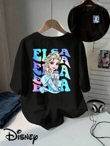 Disney Elsa Double-Sided Printed T-Shirt, Short-Sleeved Round Neck Casual Top, Suitable For Summer And Spring, Short-Sleeved Top, Women'S Clothing - màu đen - Xem 1